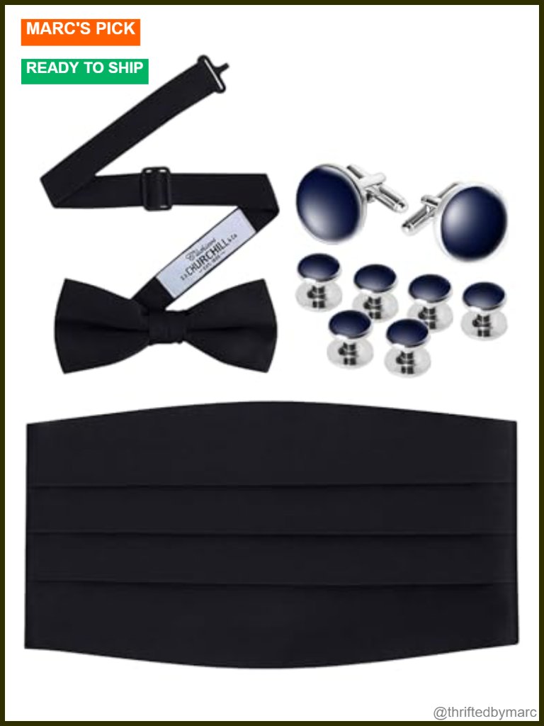 Black Satin Bowtie Cummerbund Cufflinks Studs Set Formal Tuxedo Accessories